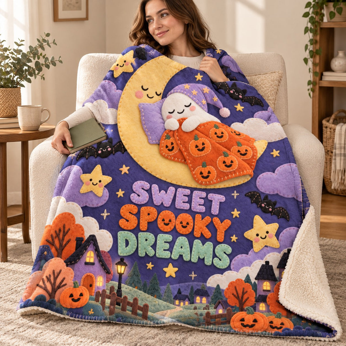 Sweet Dreams blanket, wrapped around a reader