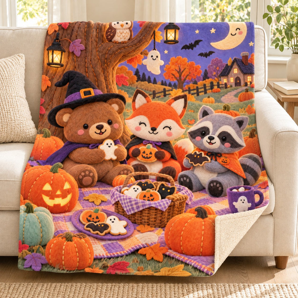 Pumpkin Picnic blanket, on a sofa