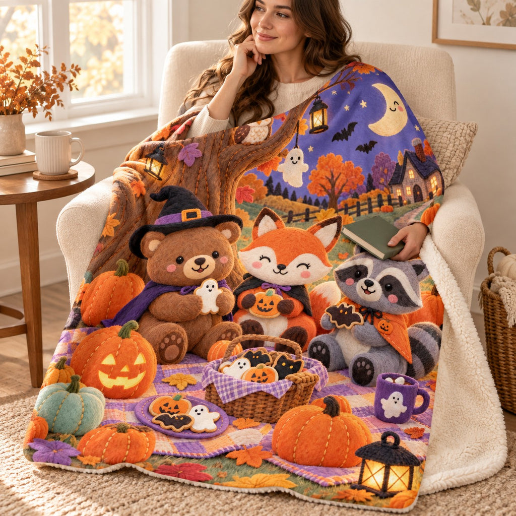 Pumpkin Picnic blanket, wrapped around a reader