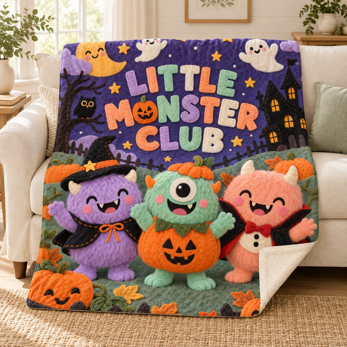 Little Monsters blanket, on a sofa