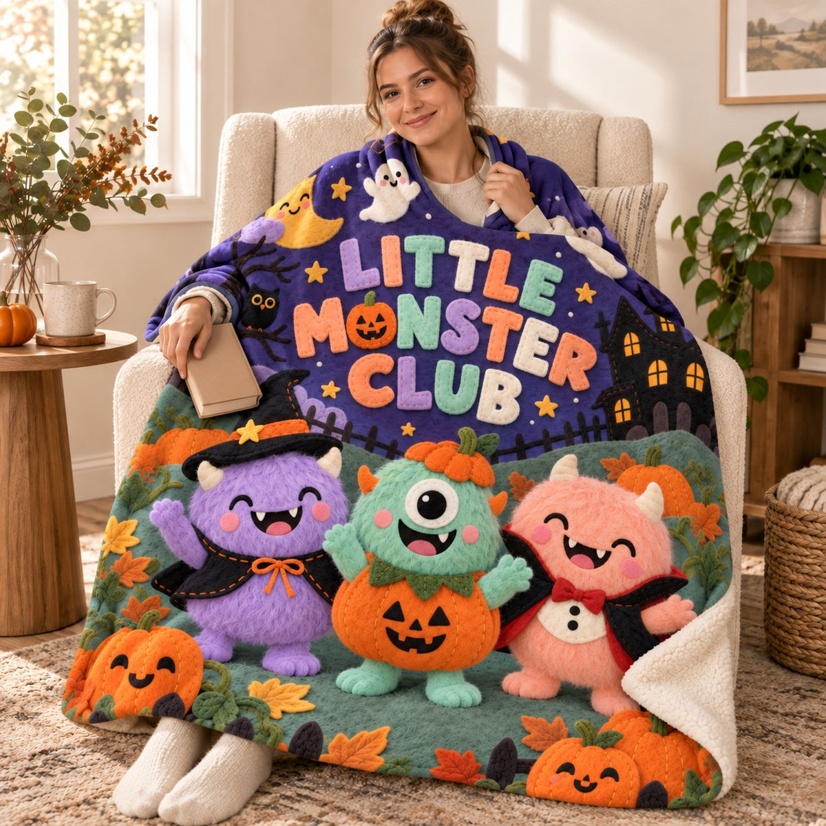Little Monsters blanket, wrapped around a reader