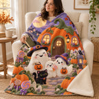 Candy Cottage blanket, wrapped around a reader