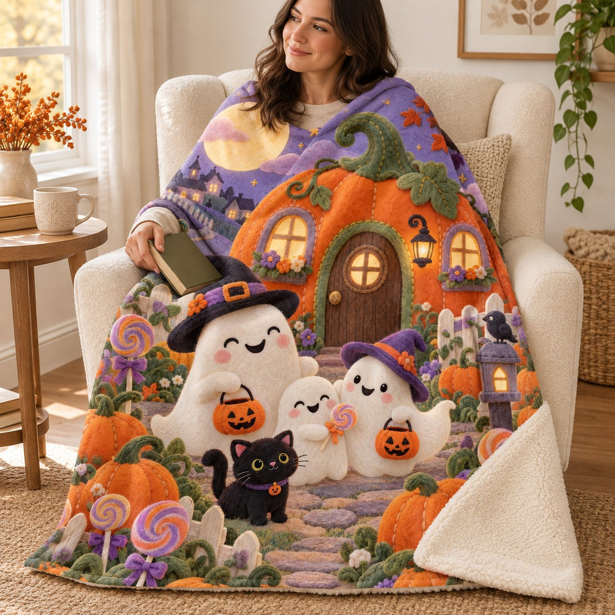 Candy Cottage blanket, wrapped around a reader