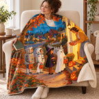 Porchlight Parade blanket, wrapped around a reader