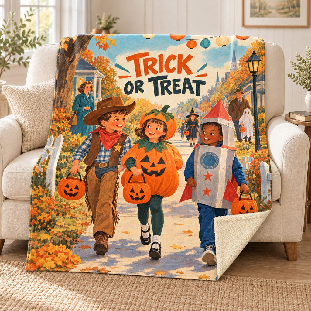 Trick or Treat blanket, on a sofa