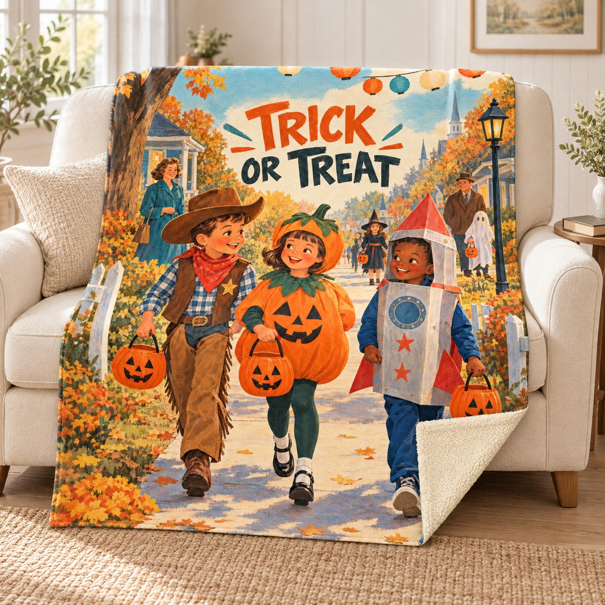 Trick or Treat blanket, on a sofa