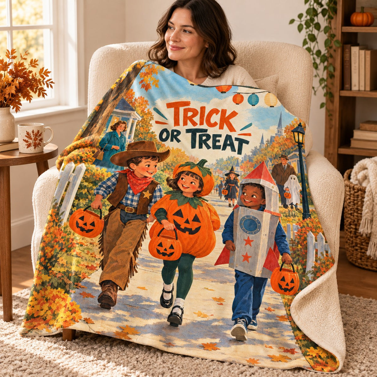 Trick or Treat blanket, wrapped around a reader