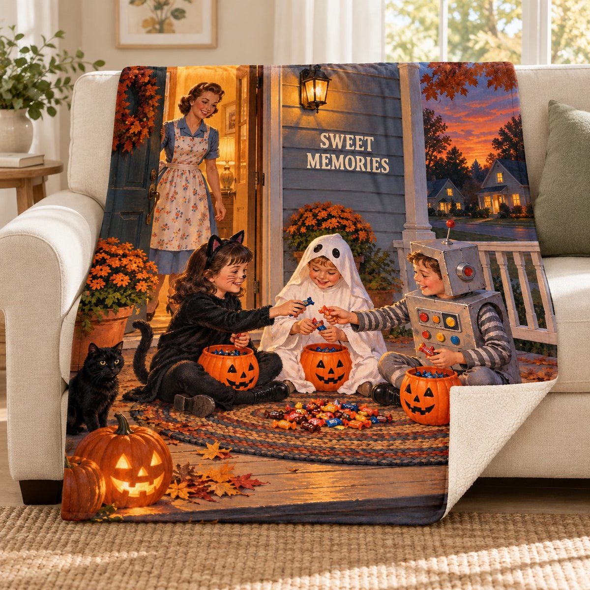 Candy Trading Club blanket, on a sofa