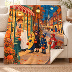 Main Street Halloween blanket, on a sofa