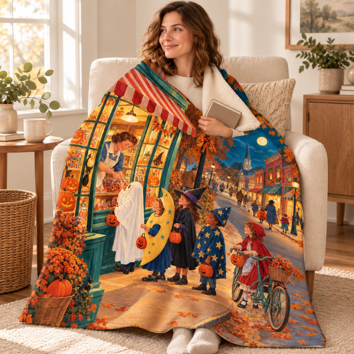 Main Street Halloween blanket, wrapped around a reader