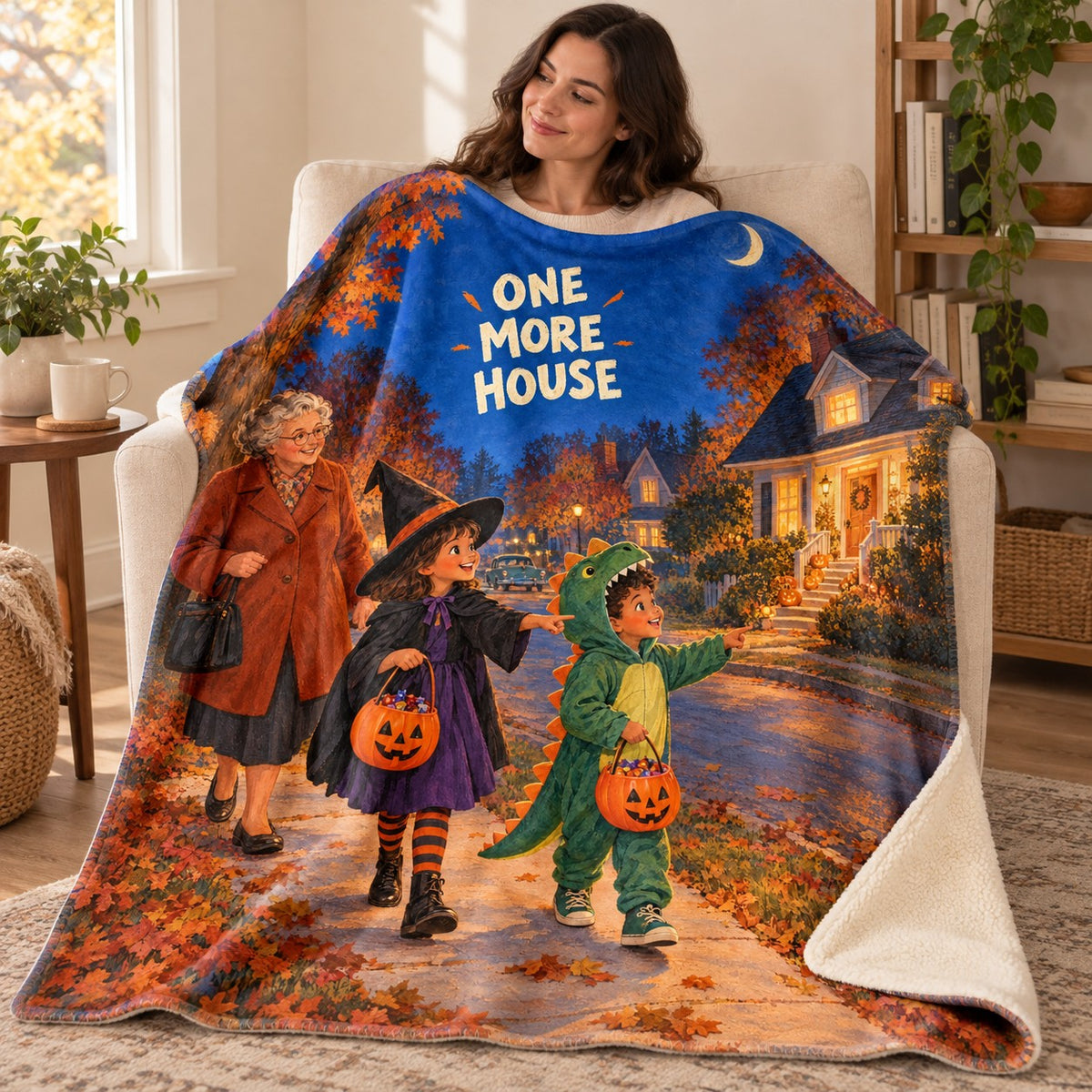 One More House blanket, wrapped around a reader