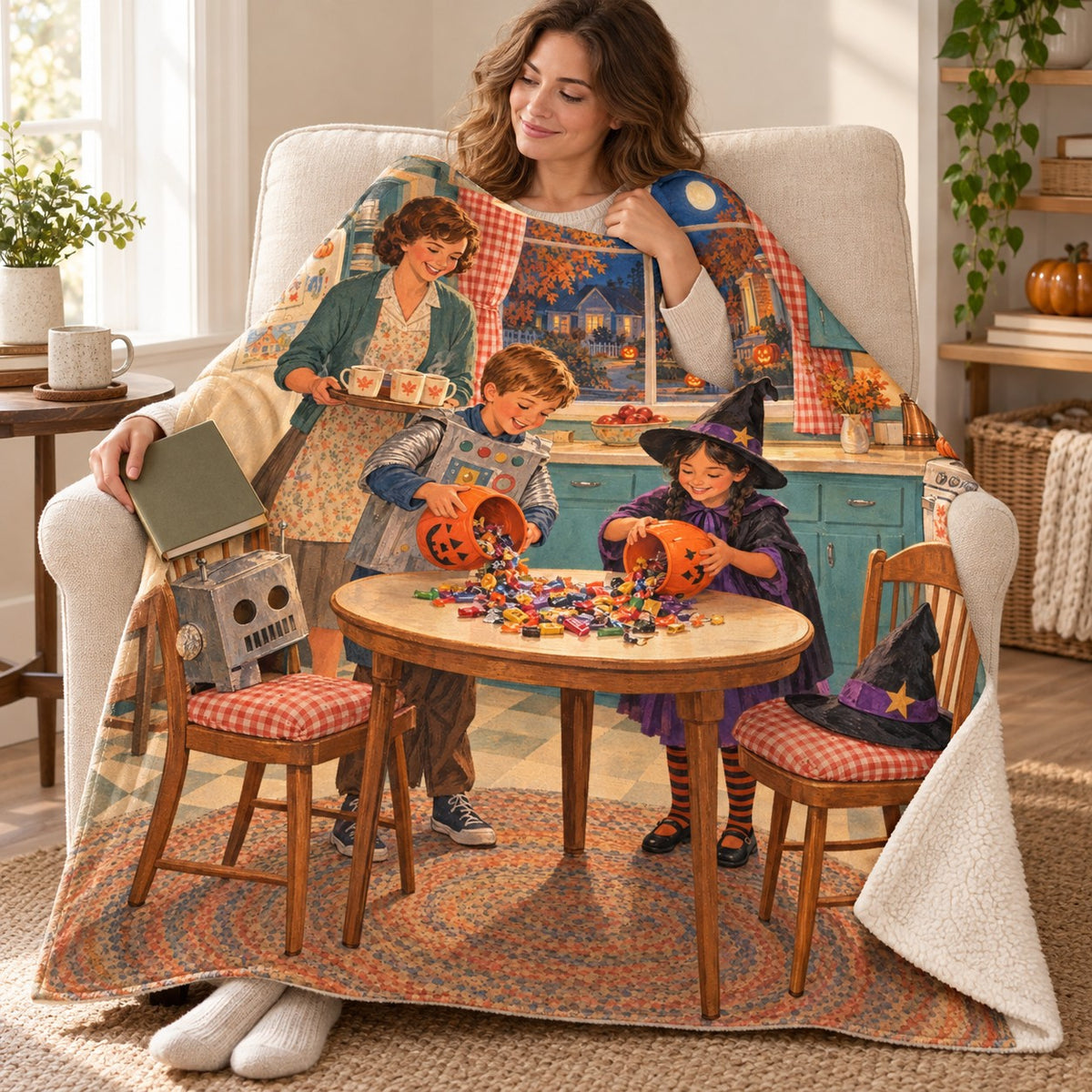 Halloween Kitchen Homecoming blanket, wrapped around a reader