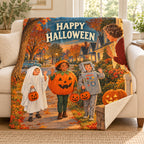 Happy Halloween Neighbors blanket, on a sofa