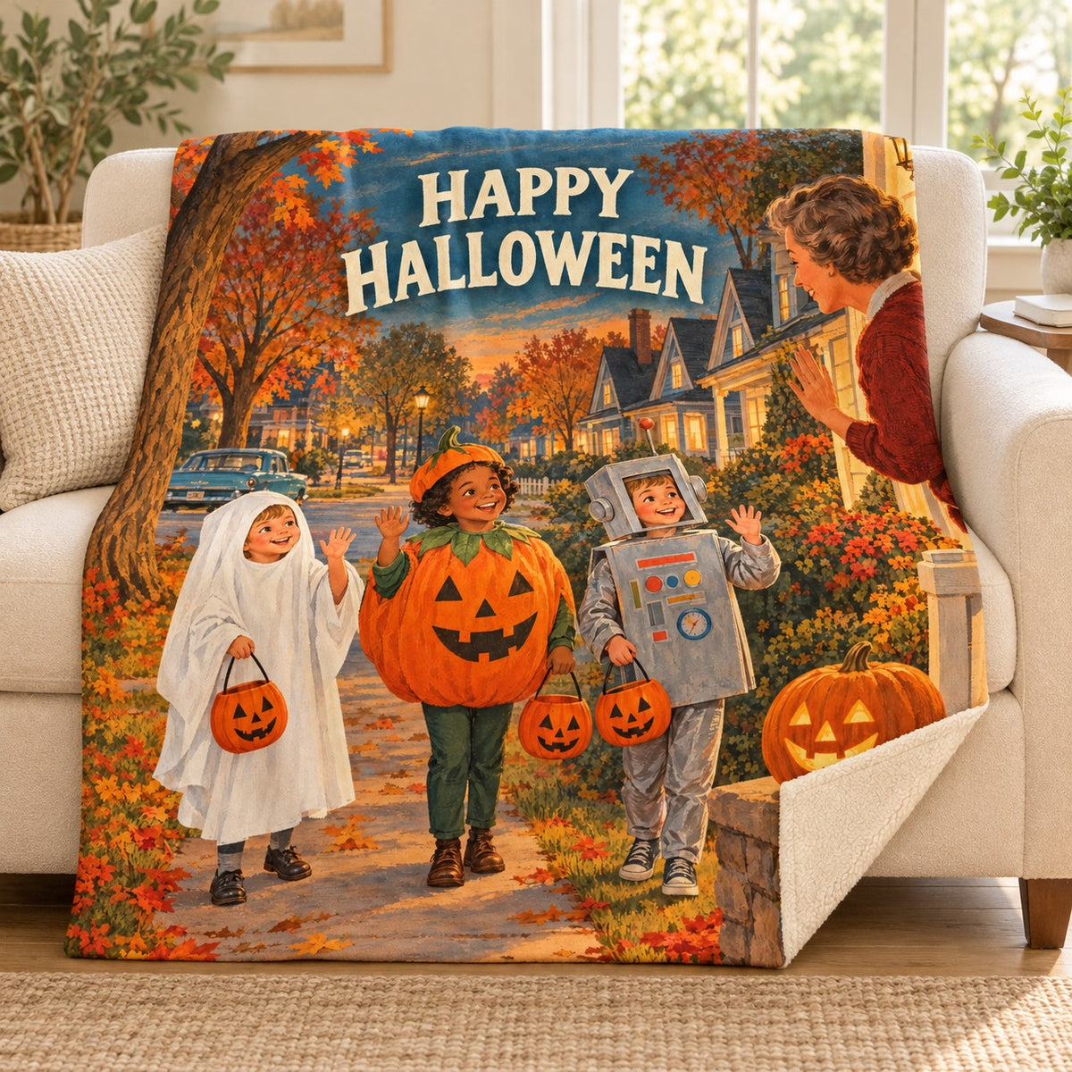 Happy Halloween Neighbors blanket, on a sofa