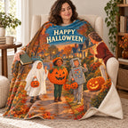 Happy Halloween Neighbors blanket, wrapped around a reader
