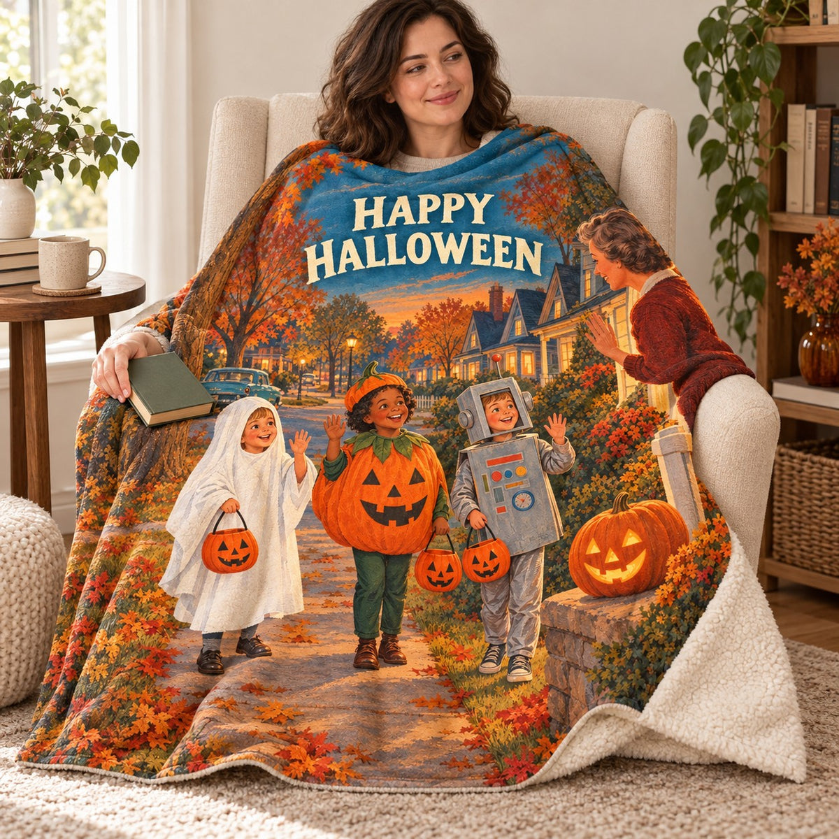 Happy Halloween Neighbors blanket, wrapped around a reader