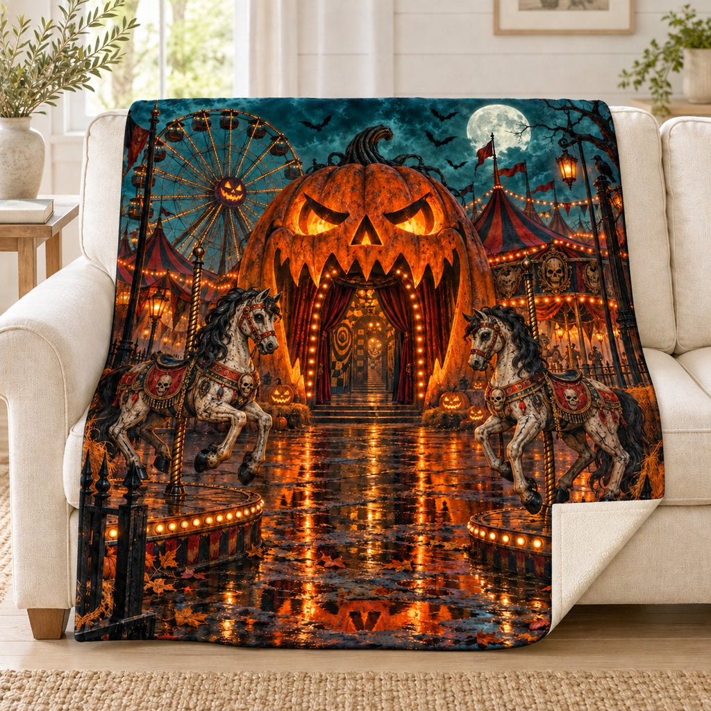 Pumpkin Funhouse blanket, on a sofa