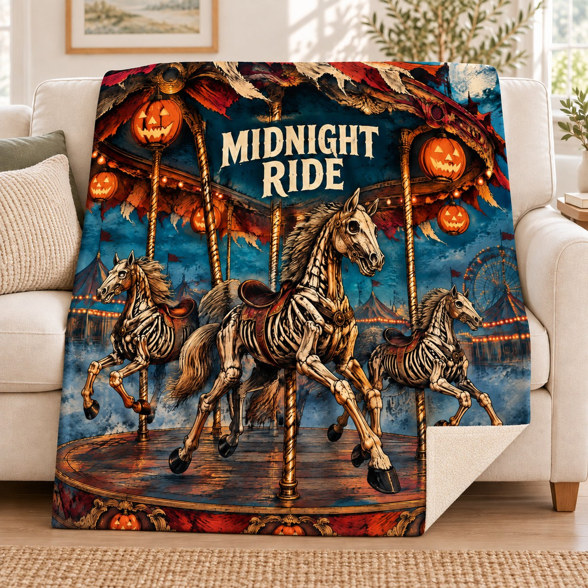 Midnight Carousel blanket, on a sofa