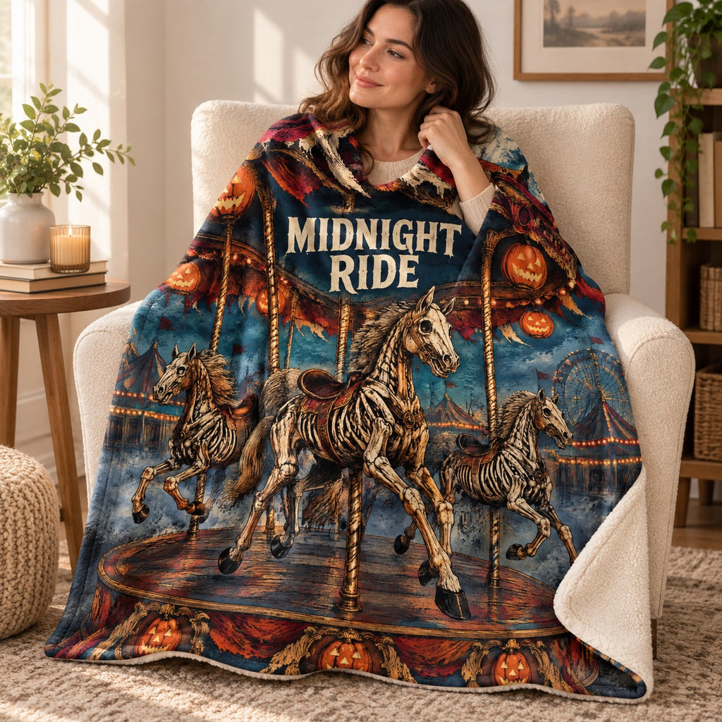Midnight Carousel blanket, wrapped around a reader