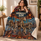 Midnight Carousel blanket, wrapped around a reader