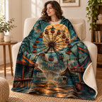 Wheel of Shadows blanket, wrapped around a reader