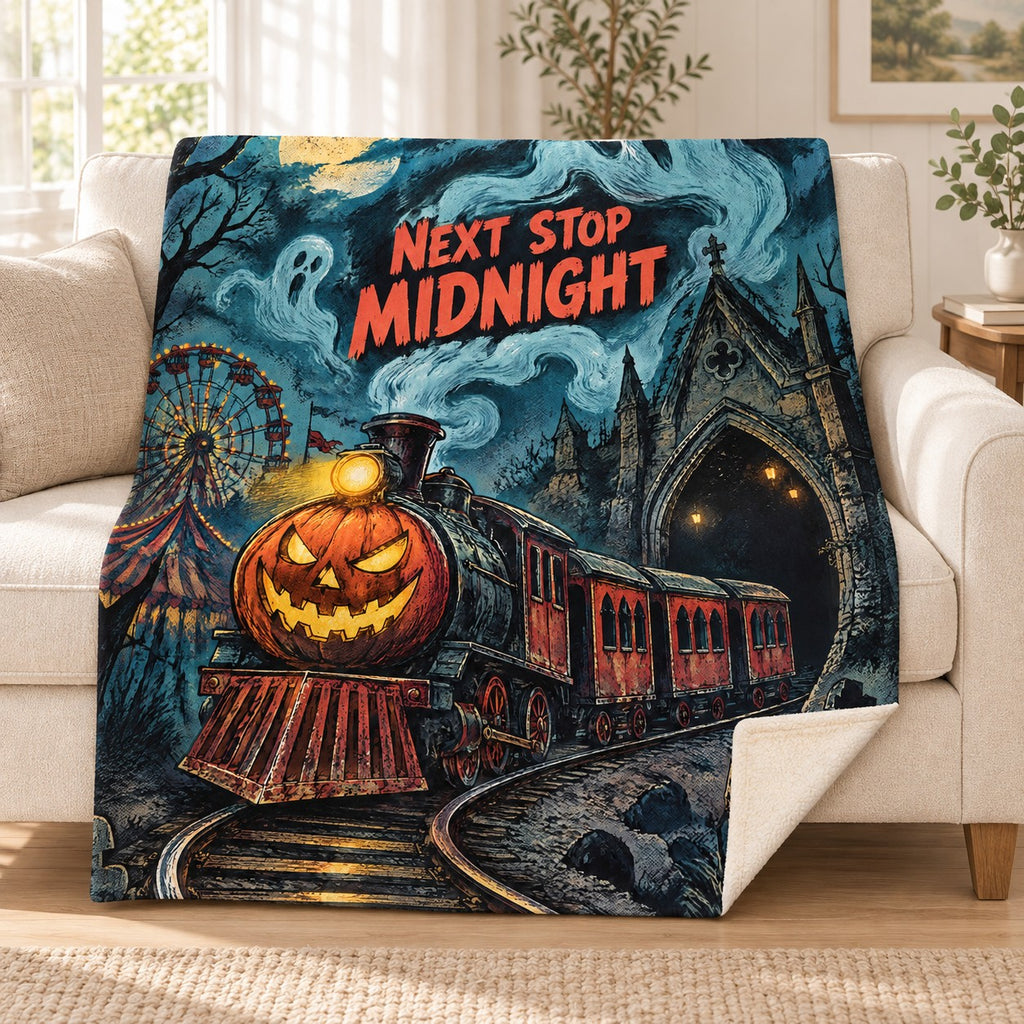 Ghost Train blanket, on a sofa