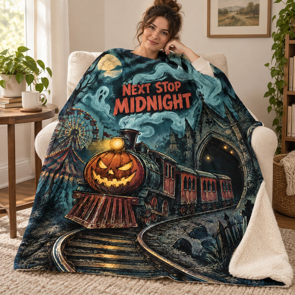 Ghost Train blanket, wrapped around a reader