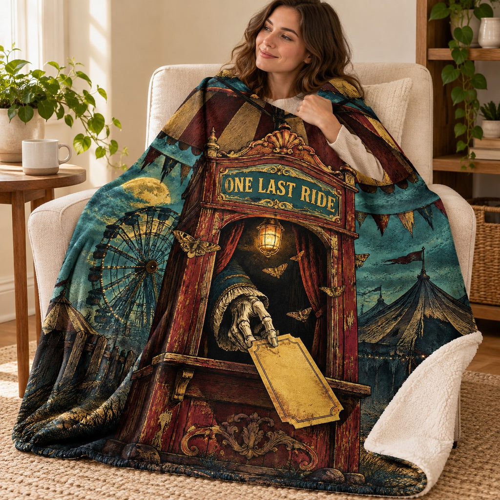 The Last Ticket blanket, wrapped around a reader