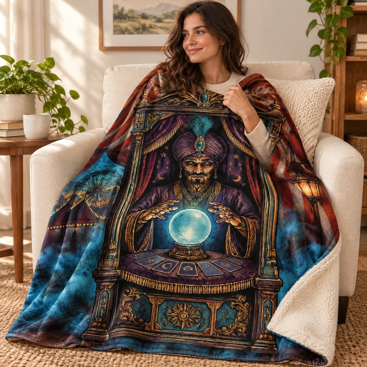 Fortune Under Glass blanket, wrapped around a reader