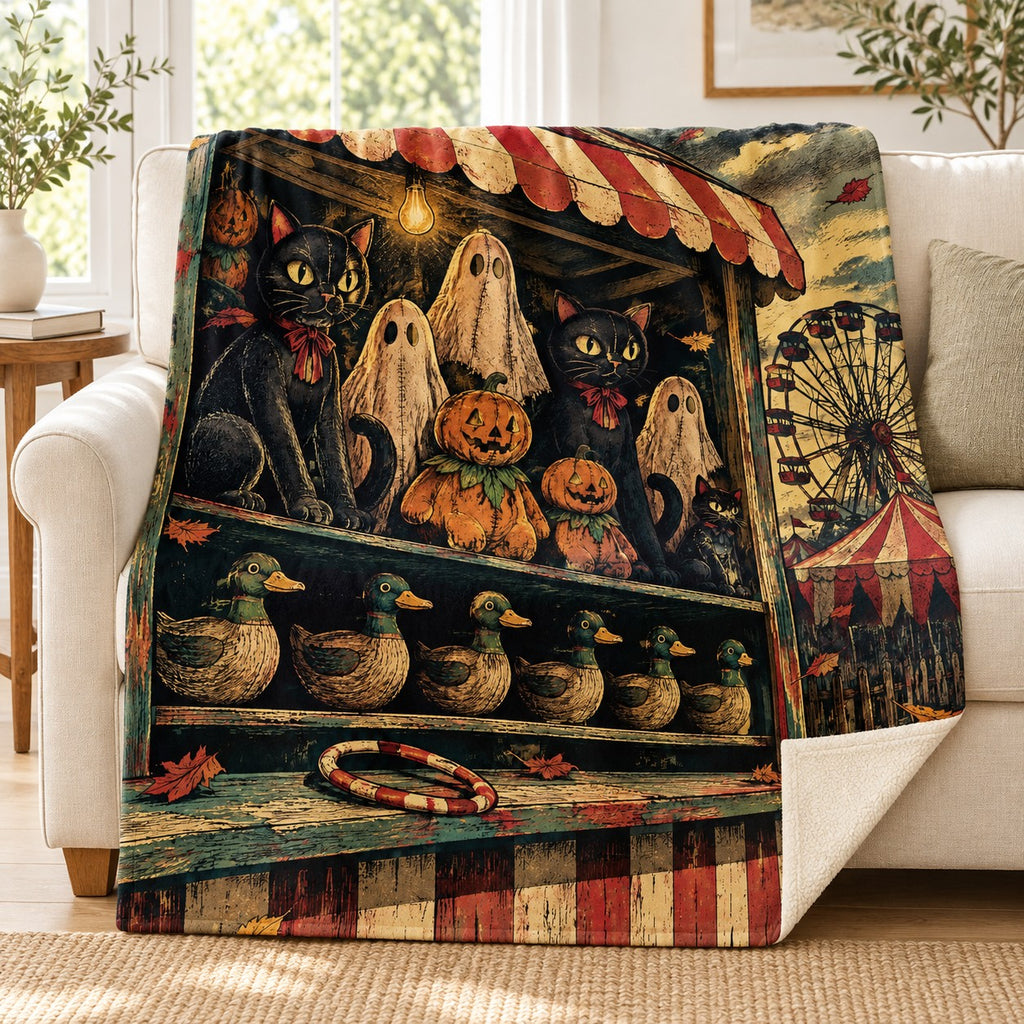 Haunted Prize Stall blanket, on a sofa