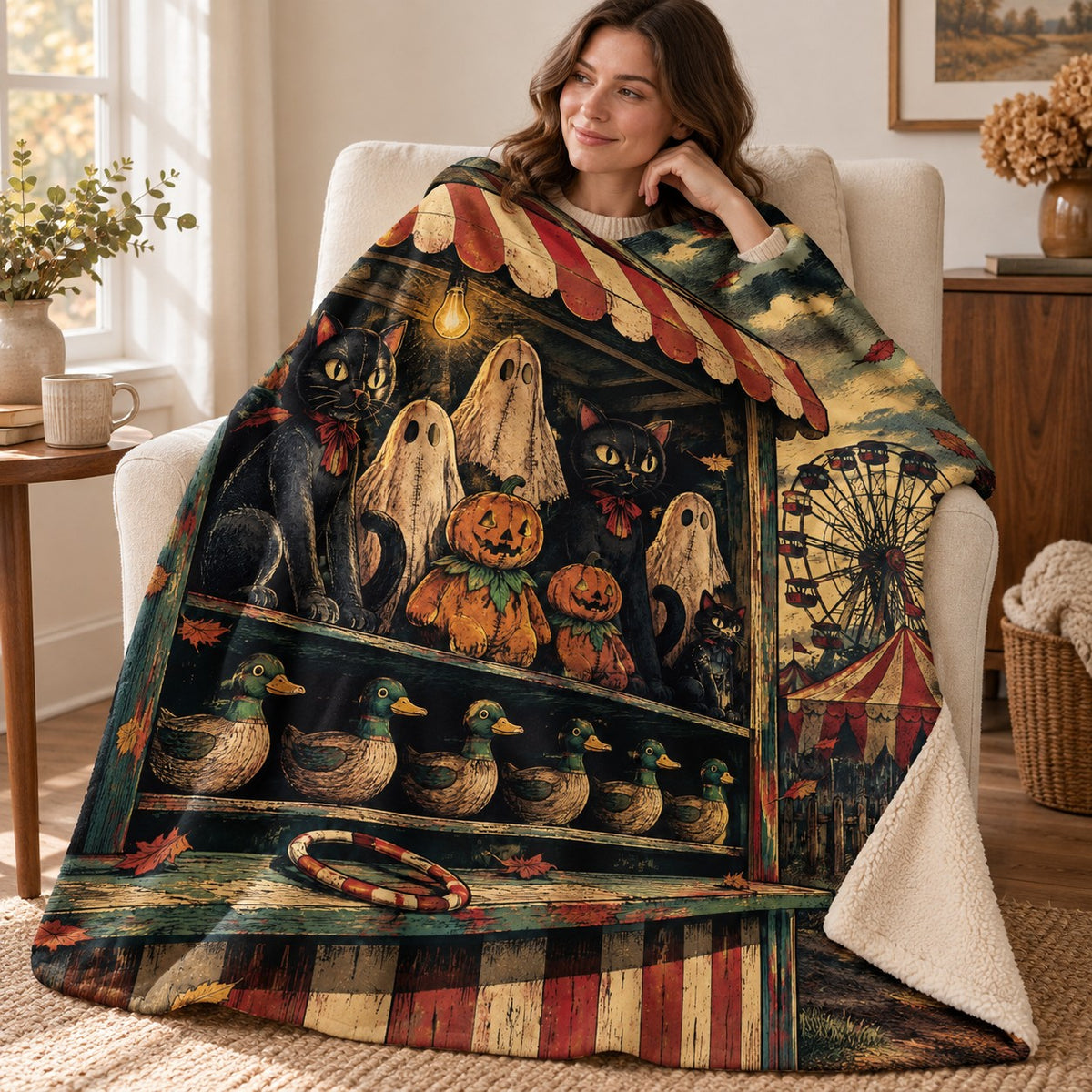 Haunted Prize Stall blanket, wrapped around a reader