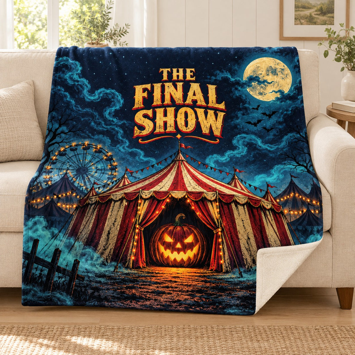 The Final Show blanket, on a sofa