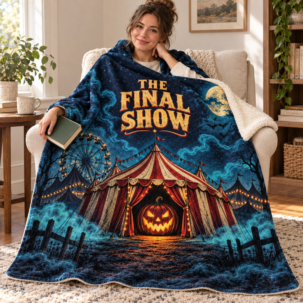The Final Show blanket, wrapped around a reader