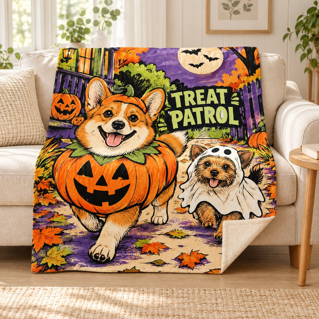 Pumpkin Pup Parade blanket, on a sofa