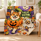 Pumpkin Pup Parade blanket, on a sofa