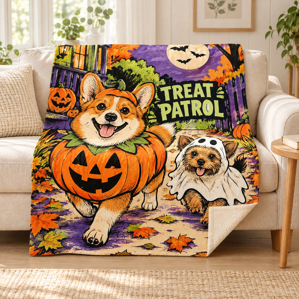 Pumpkin Pup Parade blanket, on a sofa