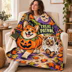 Pumpkin Pup Parade blanket, wrapped around a reader