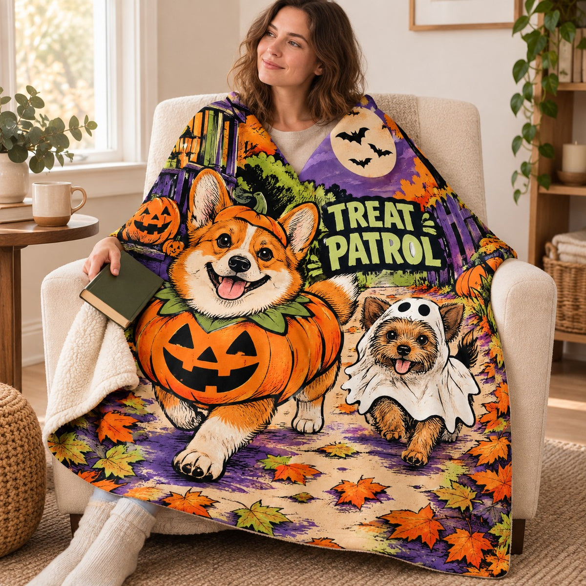 Pumpkin Pup Parade blanket, wrapped around a reader