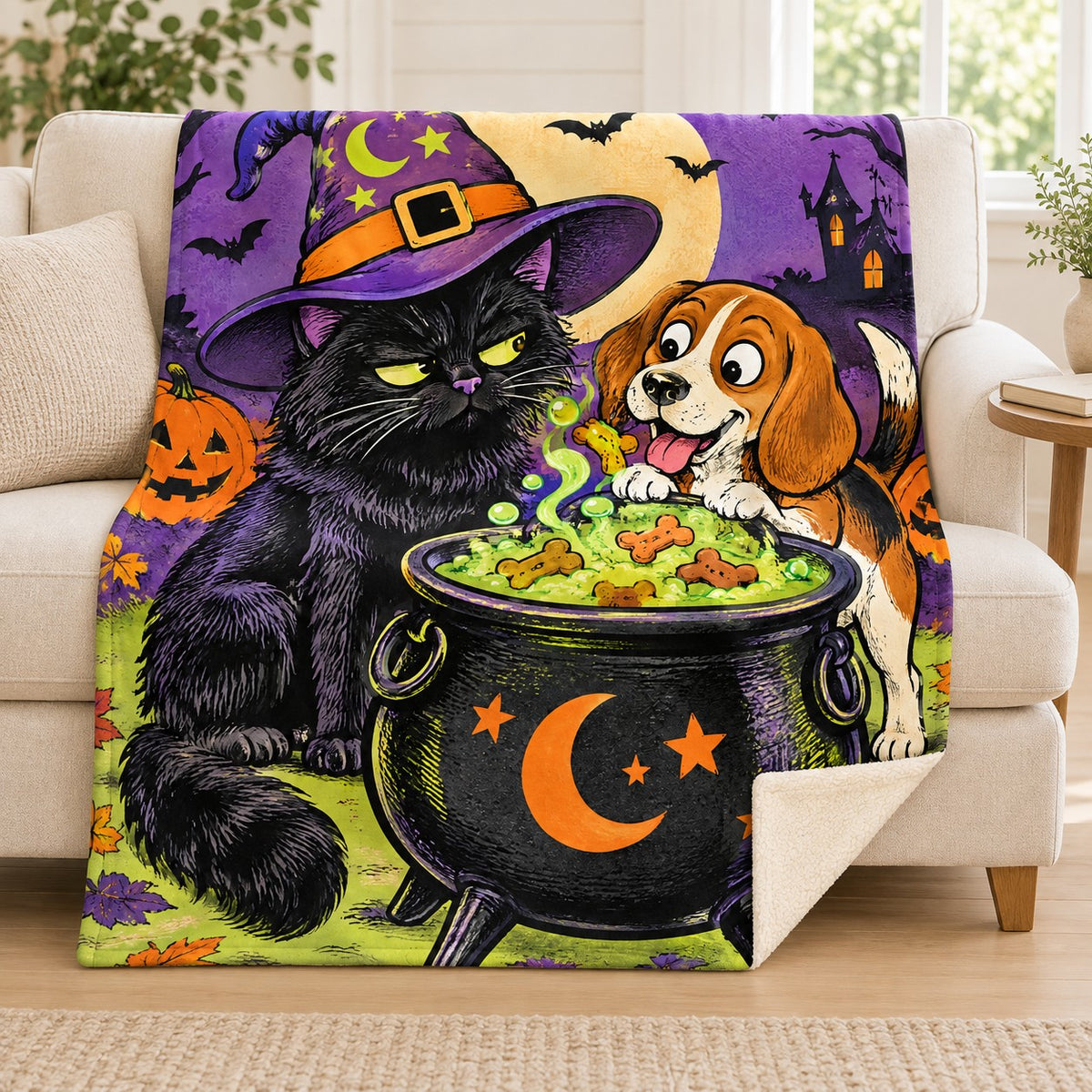 Cat and the Cauldron blanket, on a sofa