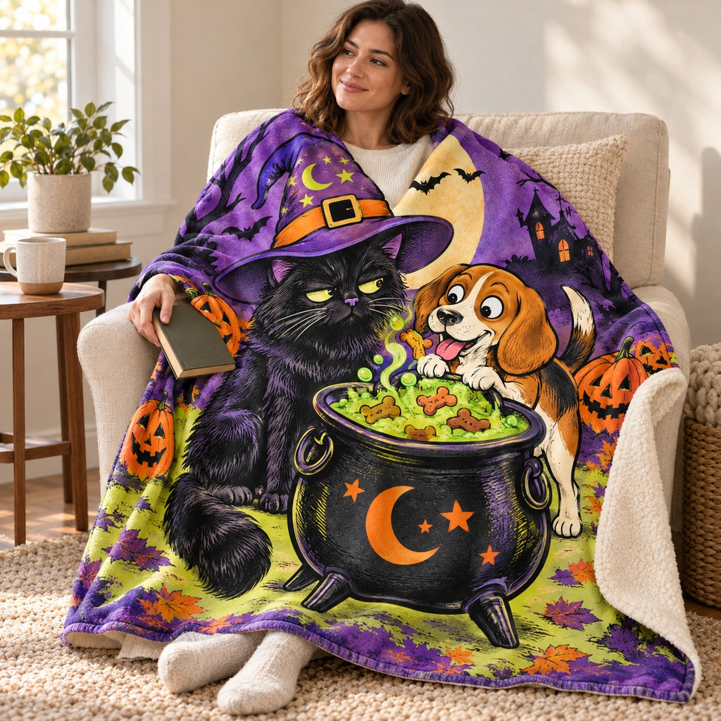 Cat and the Cauldron blanket, wrapped around a reader