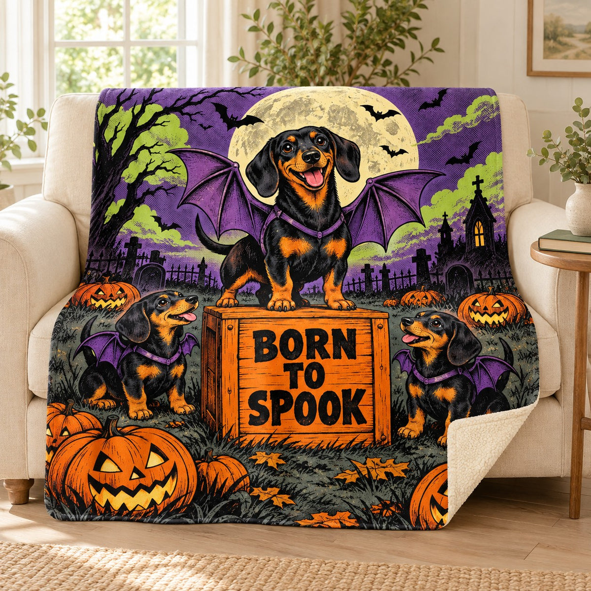 Bat Dog Flight School blanket, on a sofa