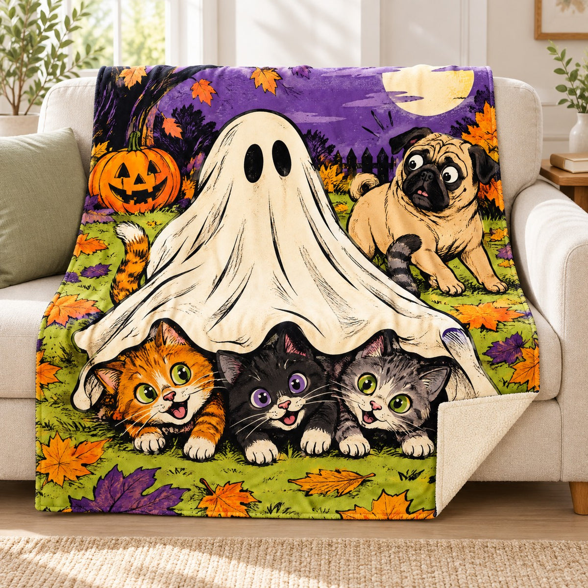 Ghost Kitten Ambush blanket, on a sofa