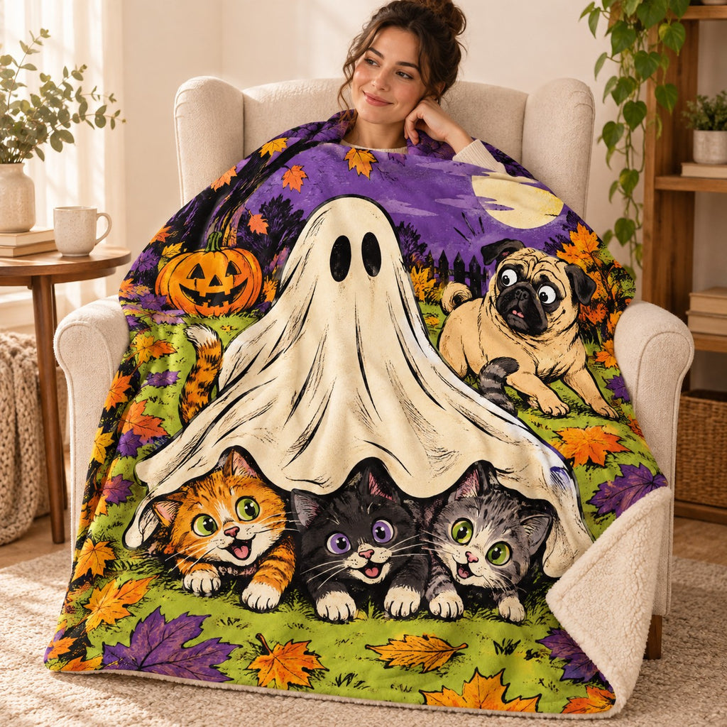 Ghost Kitten Ambush blanket, wrapped around a reader