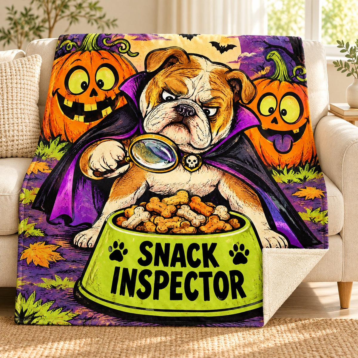Spooky Snack Inspector blanket, on a sofa