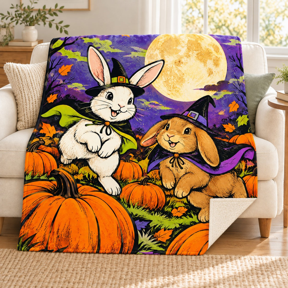 Rabbit Moon Hop blanket, on a sofa
