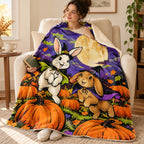 Rabbit Moon Hop blanket, wrapped around a reader