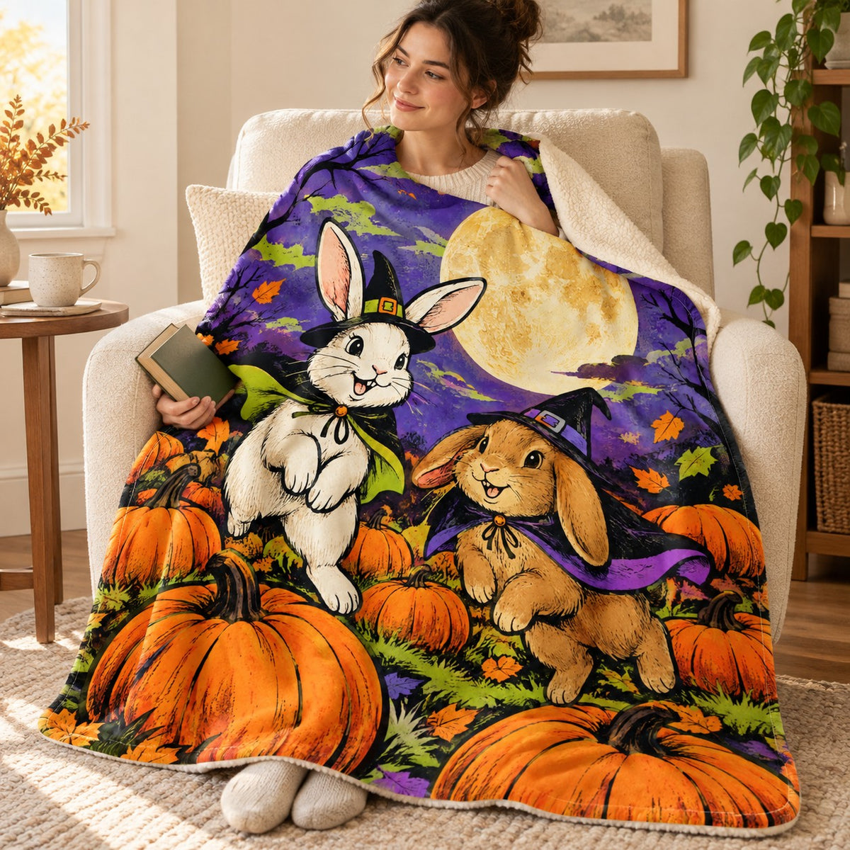 Rabbit Moon Hop blanket, wrapped around a reader