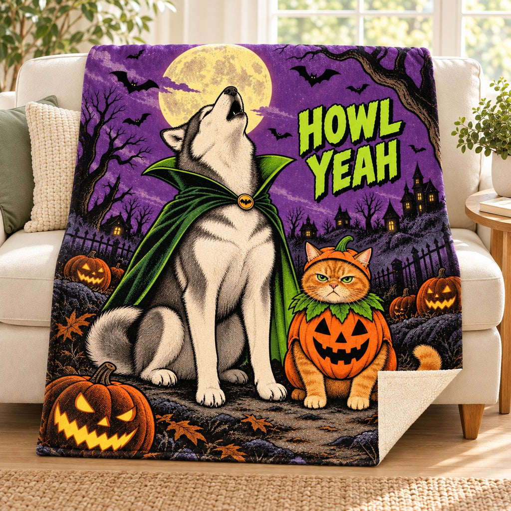 Howling Costume Club blanket, on a sofa
