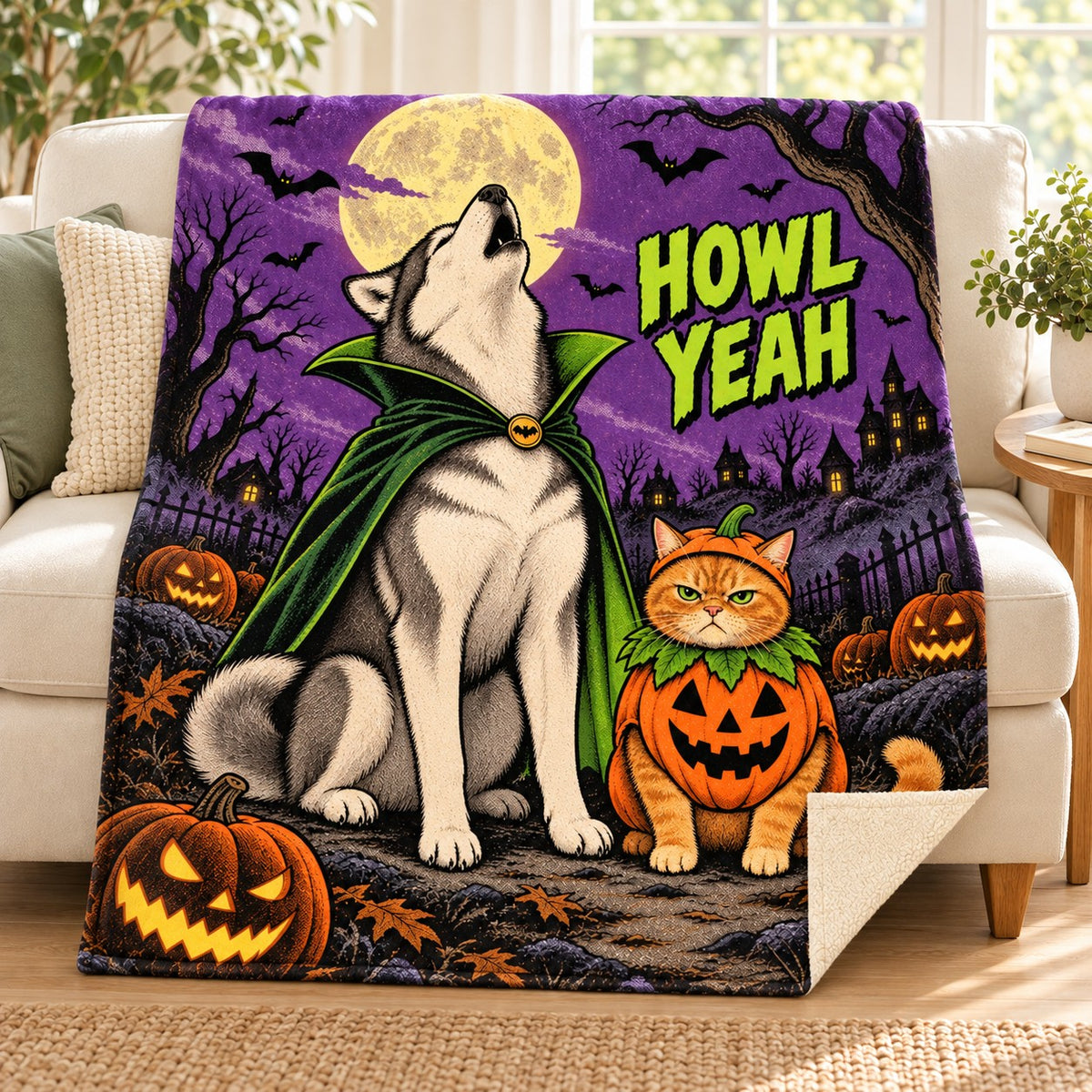 Howling Costume Club blanket, on a sofa