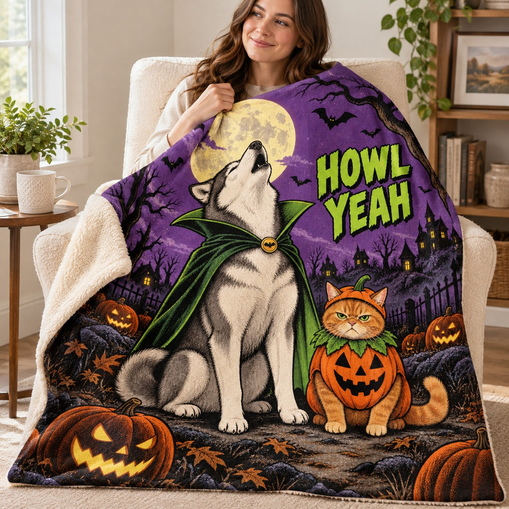 Howling Costume Club blanket, wrapped around a reader